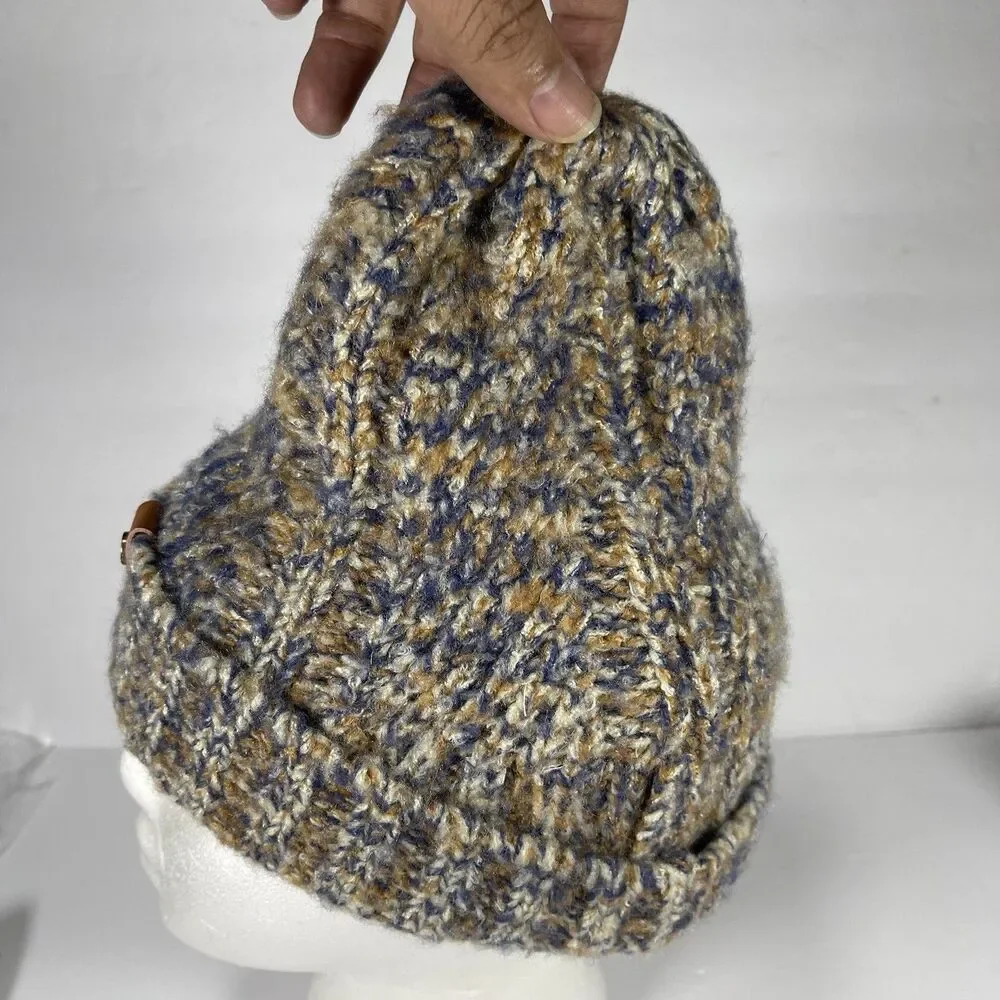 Frye and Co. Marled Knit Beanie Hat Blue Brown Tan Faux Leather Logo Tab One Six